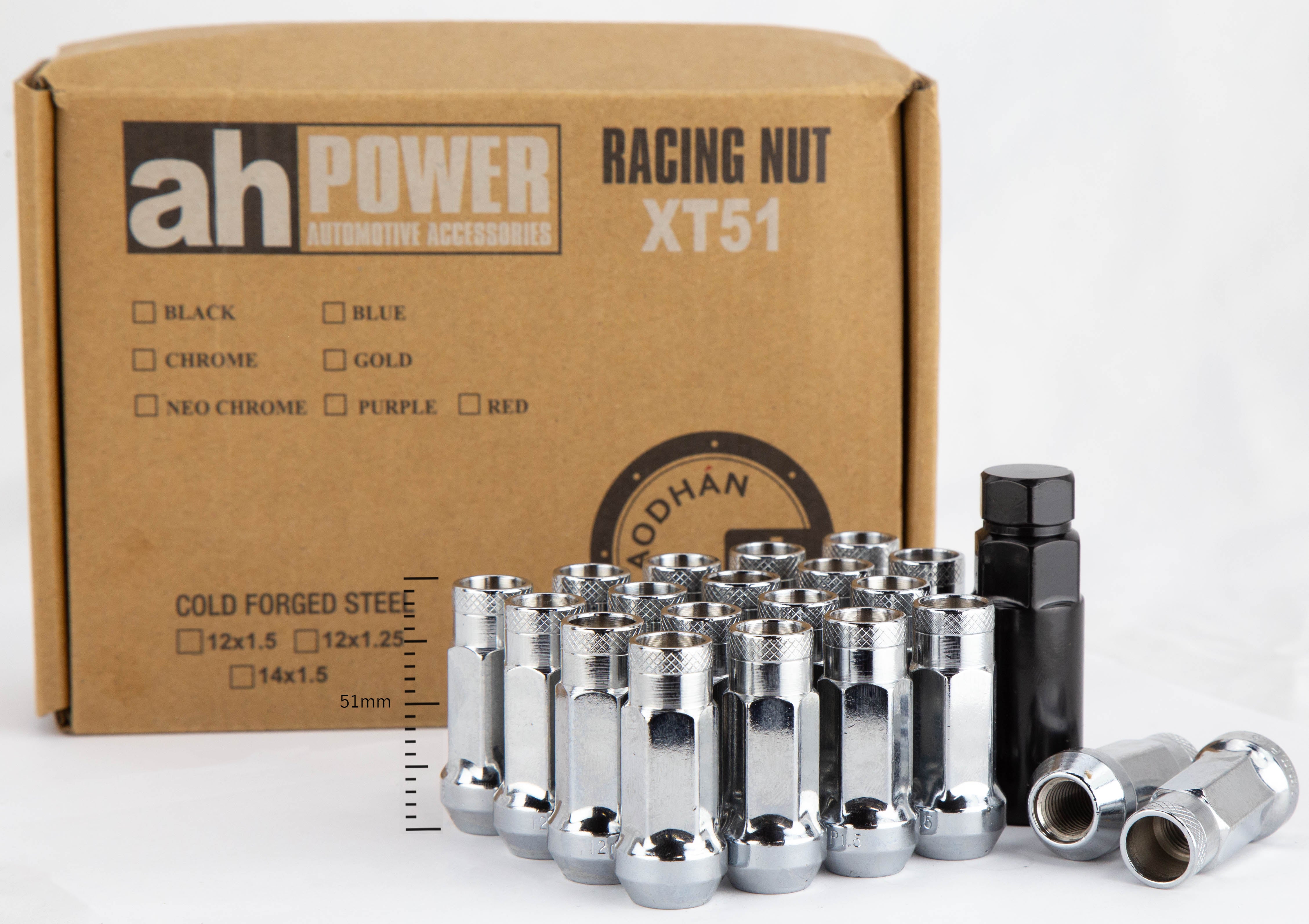 Aodhan XT51 Extended Open End Lug Nut Set – Conical Seat, 51mm Overall Length