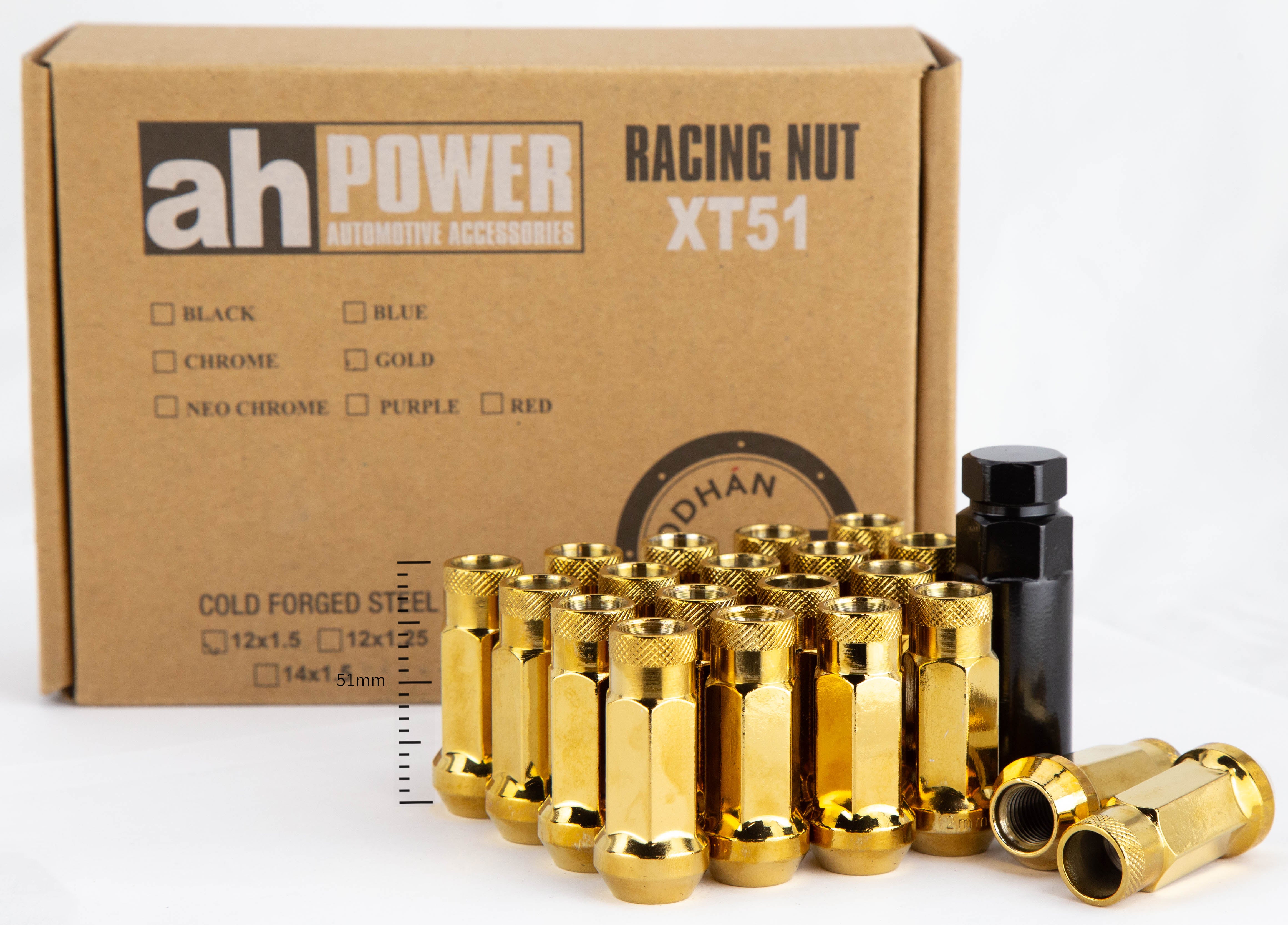 Aodhan XT51 Extended Open End Lug Nut Set – Conical Seat, 51mm Overall Length