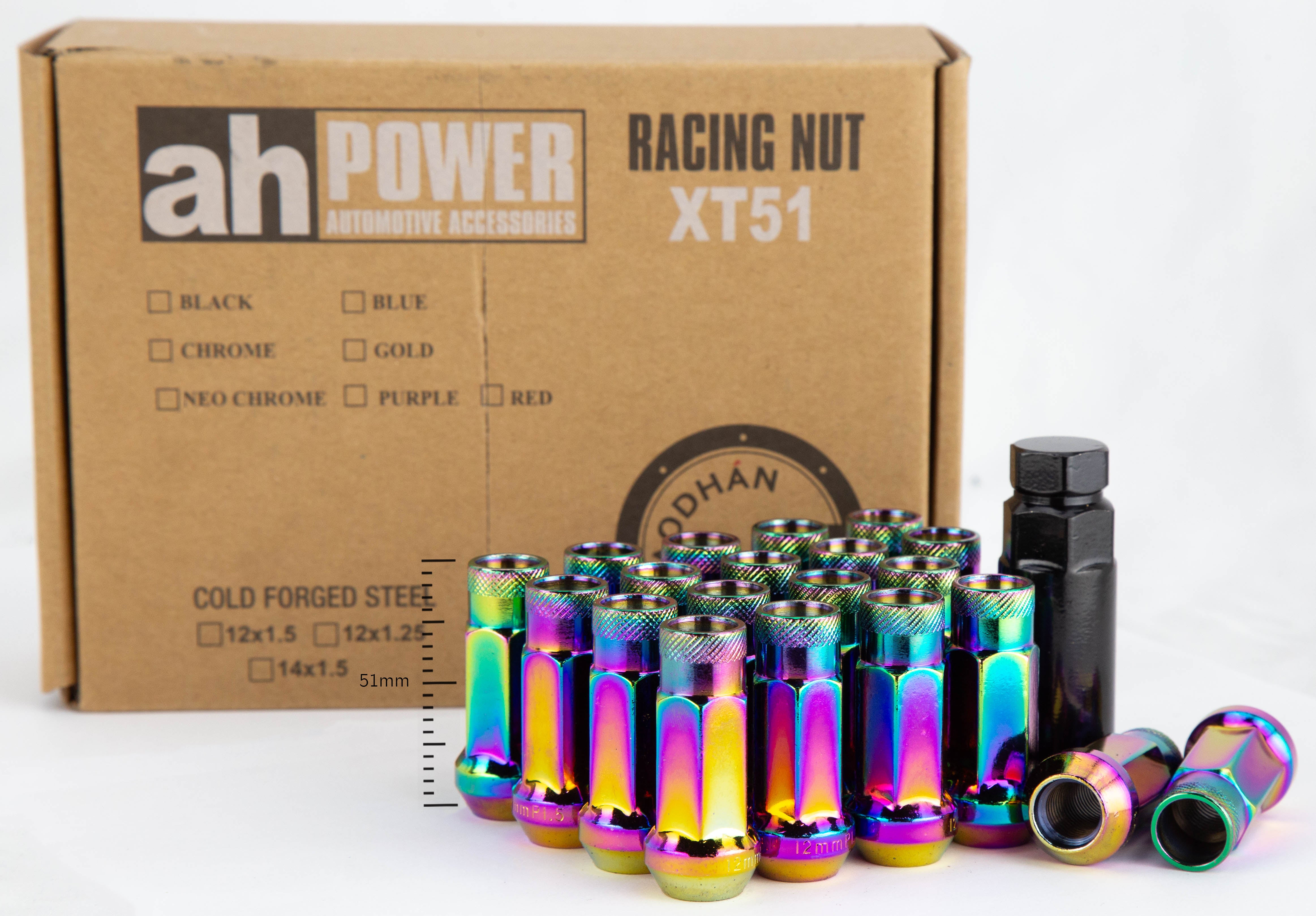 Aodhan XT51 Extended Open End Lug Nut Set – Conical Seat, 51mm Overall Length