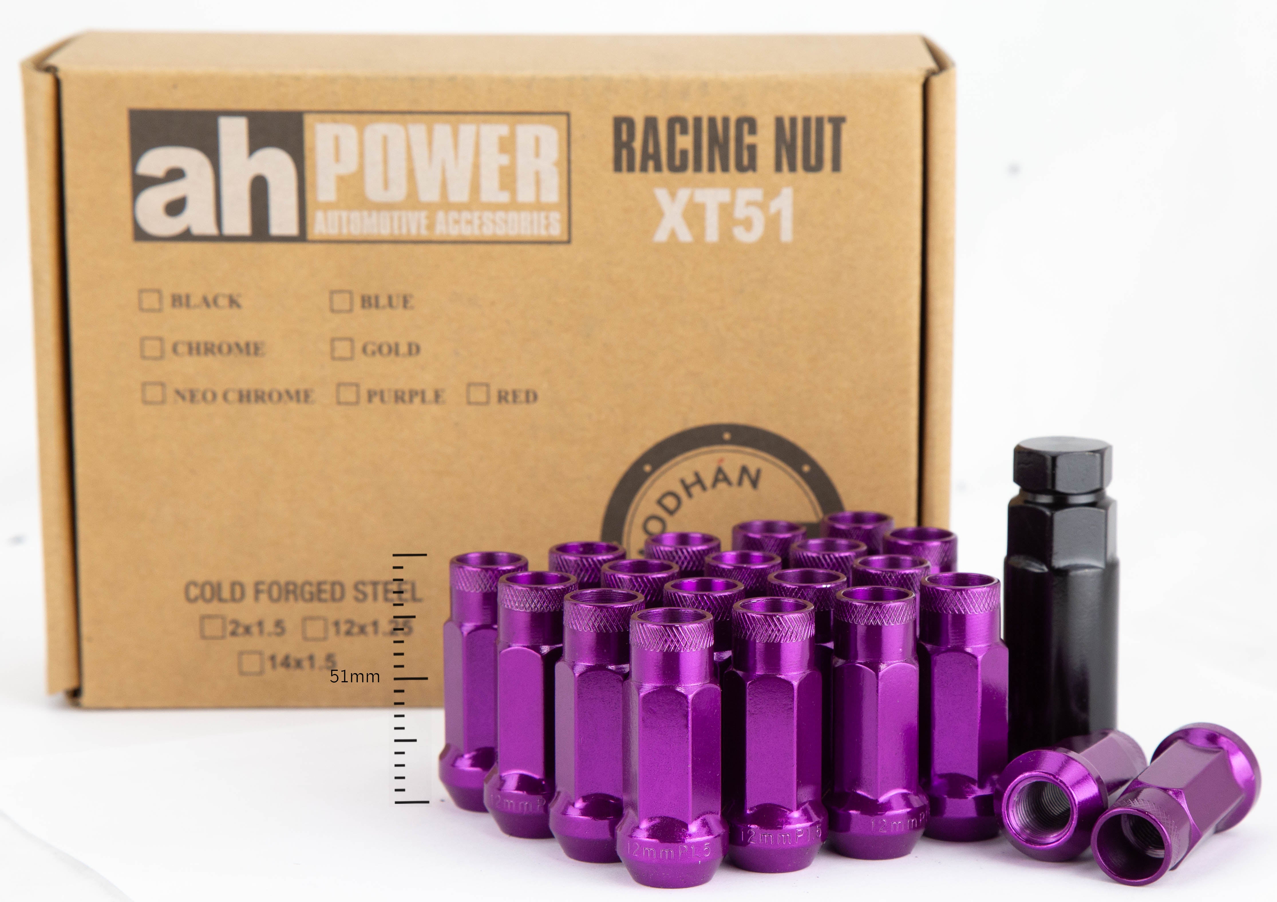 Aodhan XT51 Extended Open End Lug Nut Set – Conical Seat, 51mm Overall Length