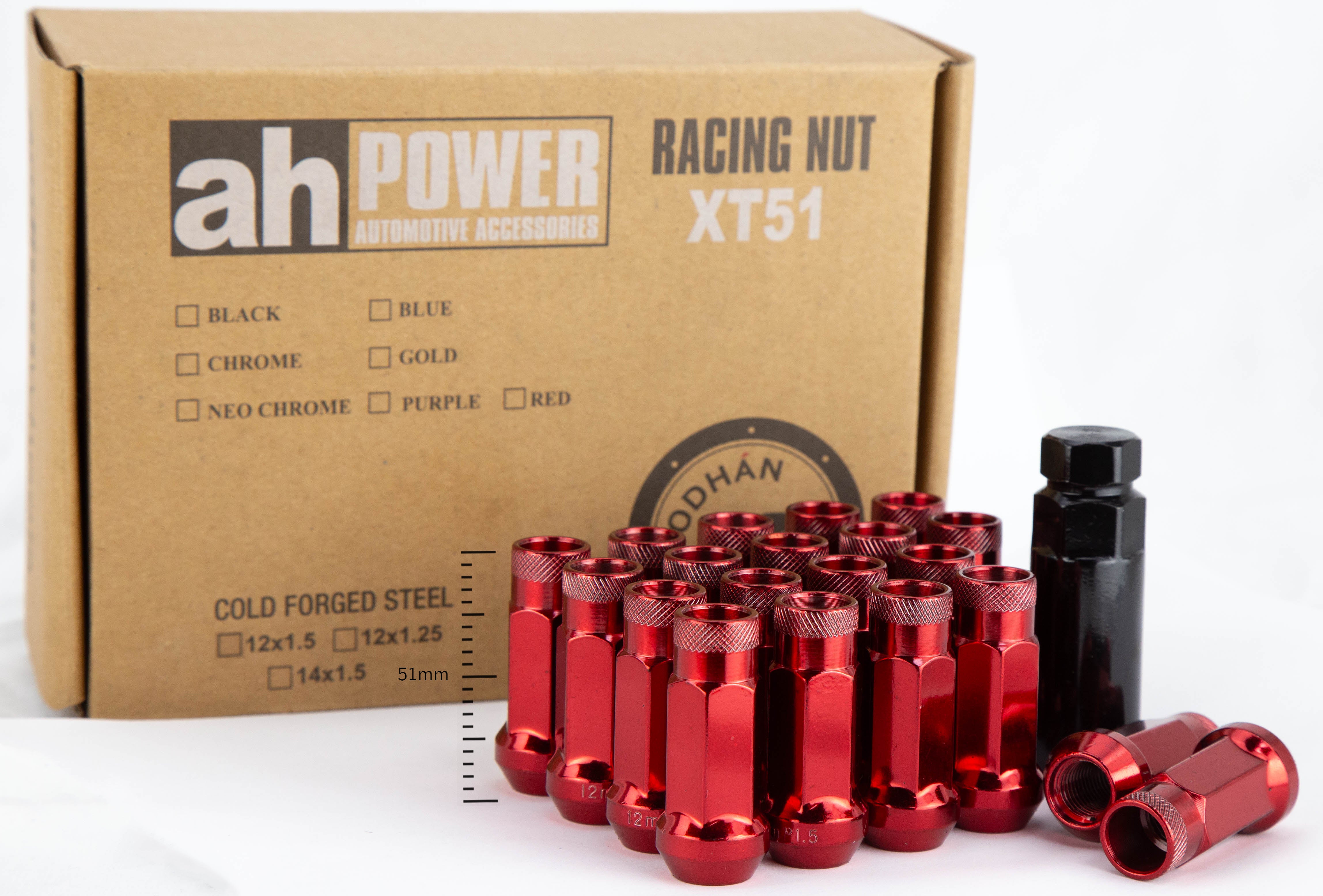 Aodhan XT51 Extended Open End Lug Nut Set – Conical Seat, 51mm Overall Length